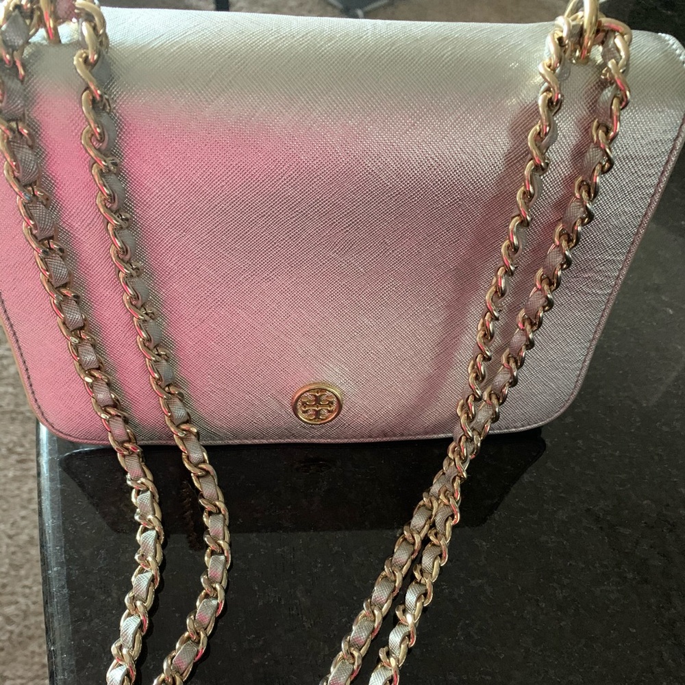 Tory Burch silver bag with gold chain